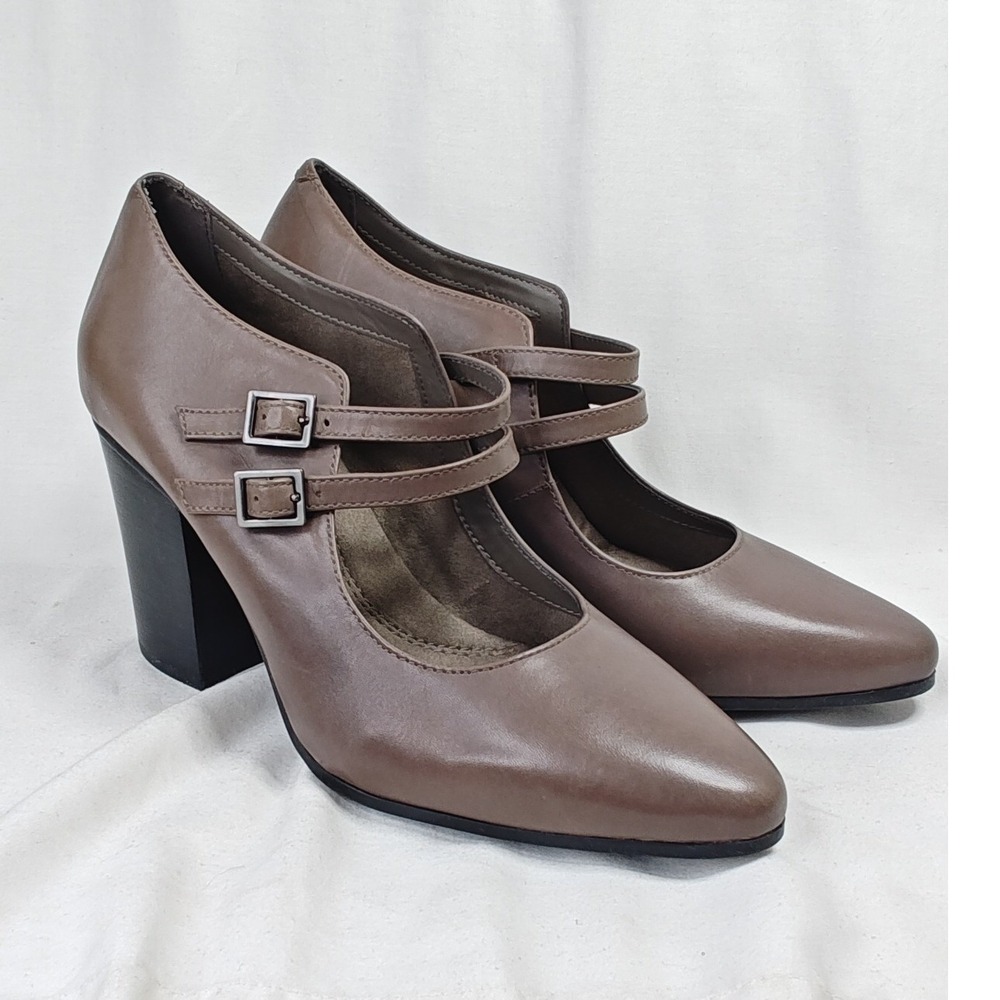 Aerosoles Washington Square Pumps Taupe Brown Leather Double Strap Block Heel 9M
